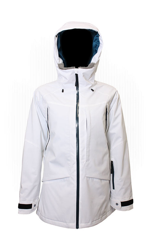 Women’s insulated hooded jacket, light color with black zipper and front pockets