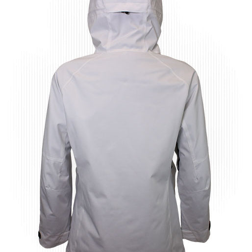 Women’s insulated hooded jacket, light color with rear view and back pockets