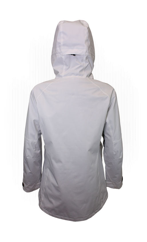 Women’s insulated hooded jacket, light color with rear view and back pockets