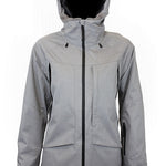 Women’s insulated hooded jacket, gray with front view, black zipper and side pockets