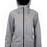 Women’s insulated hooded jacket, gray with front view, black zipper and side pockets
