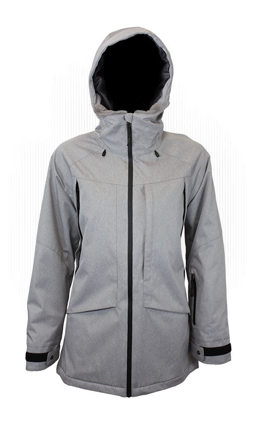 Women’s insulated hooded jacket, gray with front view, black zipper and side pockets