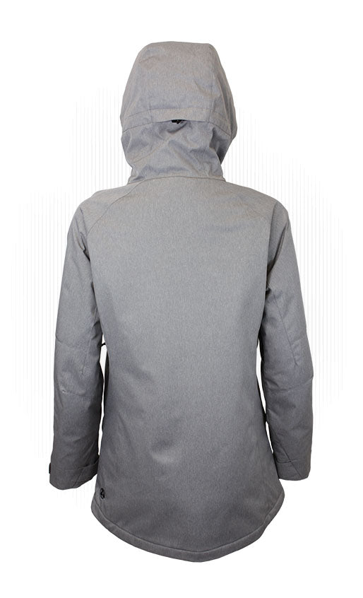Women’s insulated hooded jacket, gray with rear view and zip front pockets