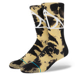 Stance Cloak Wand Stone Casual Sock 2022 - A pair of tan socks with a black abstract pattern and a white logo on top.