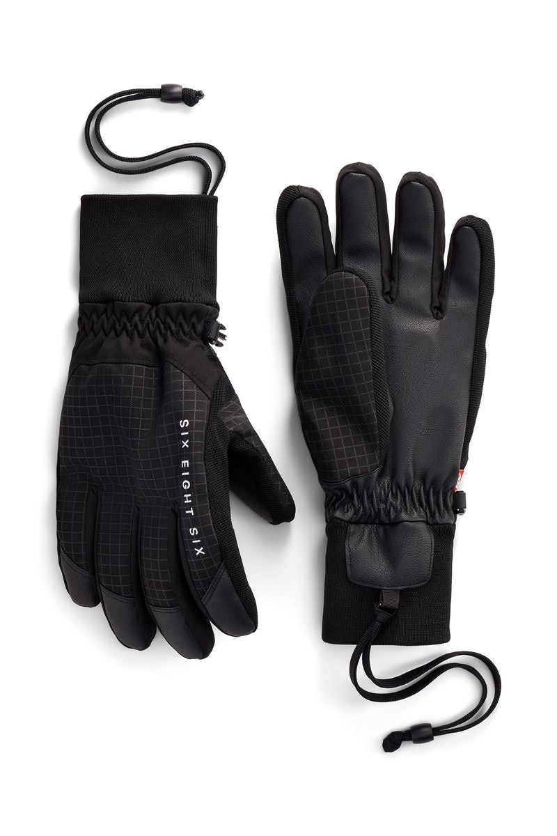 Black insulated gloves with gray grid pattern and wrist drawcord