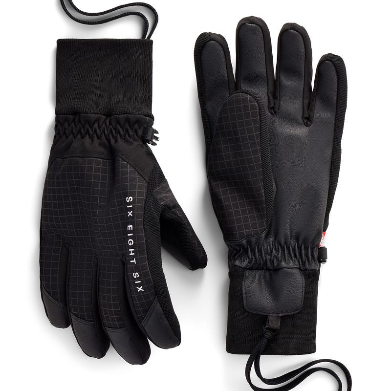 Black insulated gloves with gray grid pattern and wrist drawcord