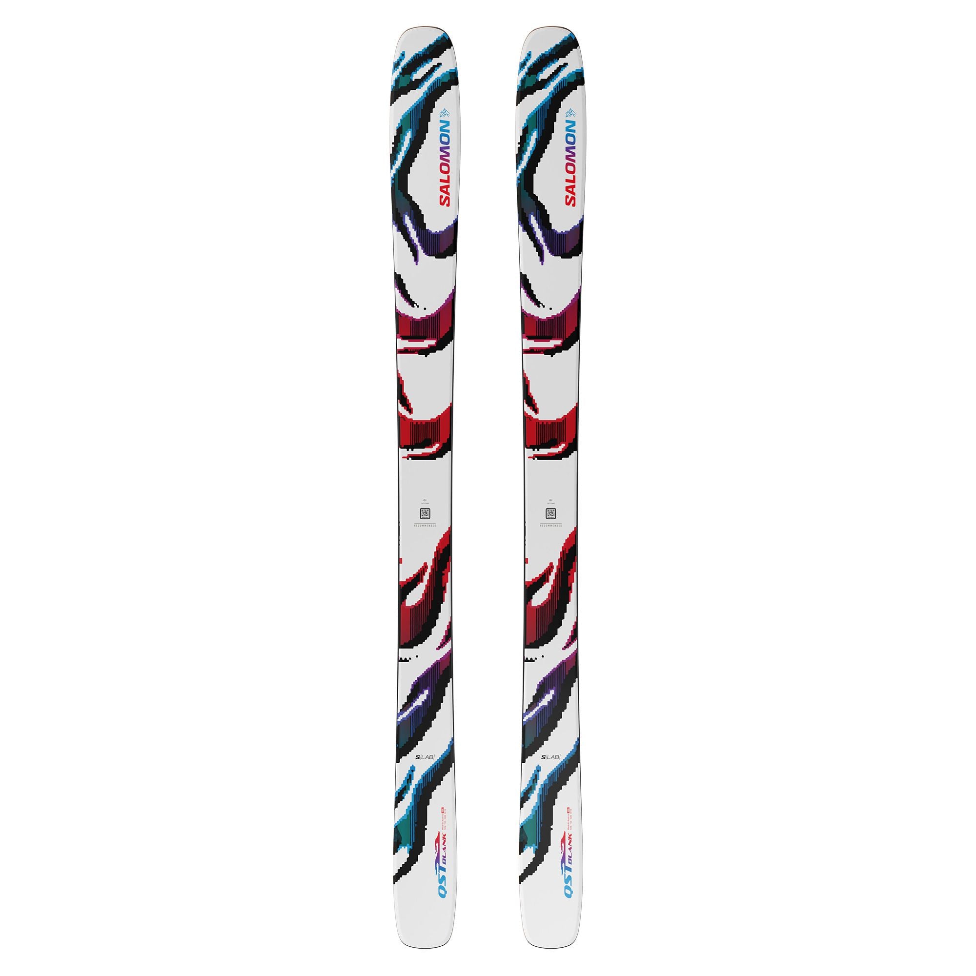 Two pairs of Salomon S/Lab QST Blank skis with red and blue designs on white background.