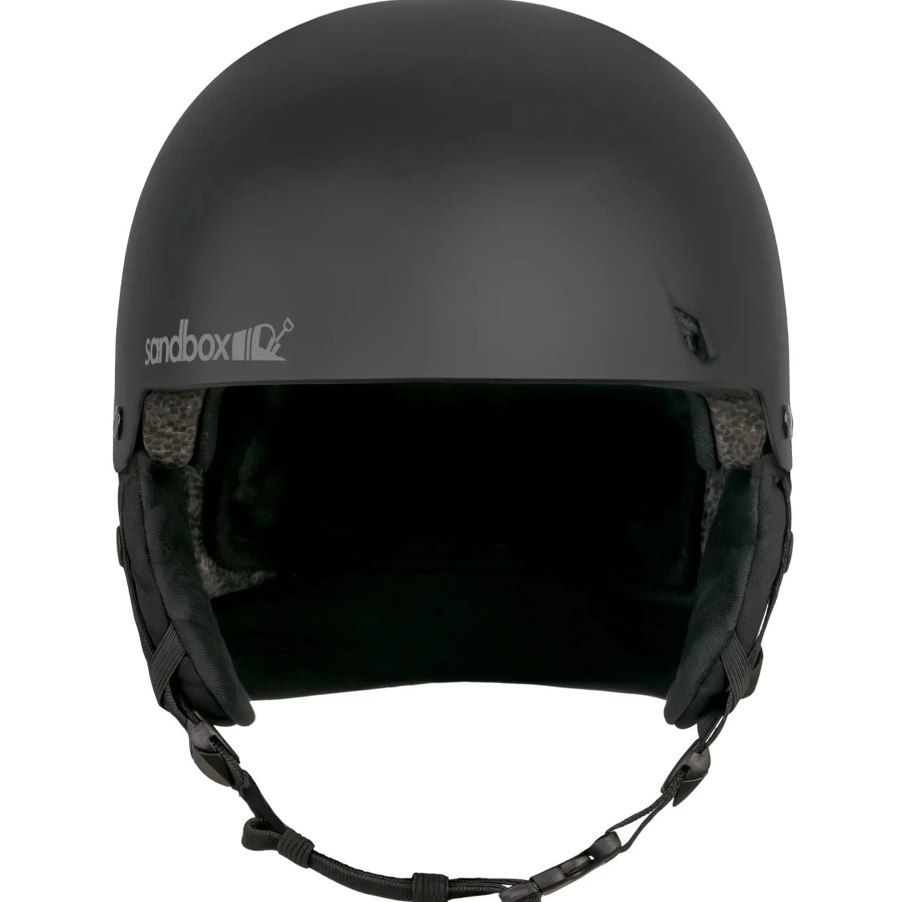 Sandbox Icon Snow MIPS Fit System Helmet 2025 - A black helmet with a white logo on the front and a strap that goes under the chin.