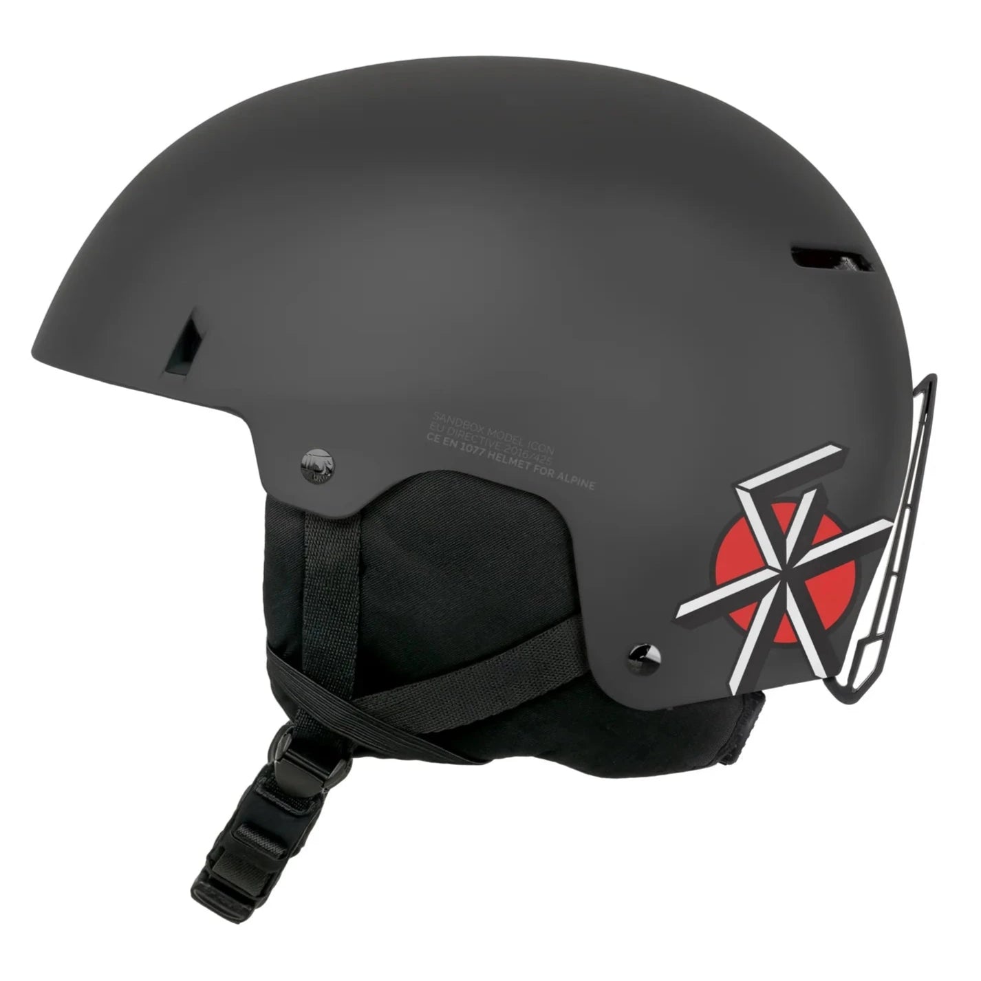 Sandbox Icon Snow MIPS Fit System Helmet 2025 - A black helmet with a red logo on the side and white lettering that reads "MIPS".