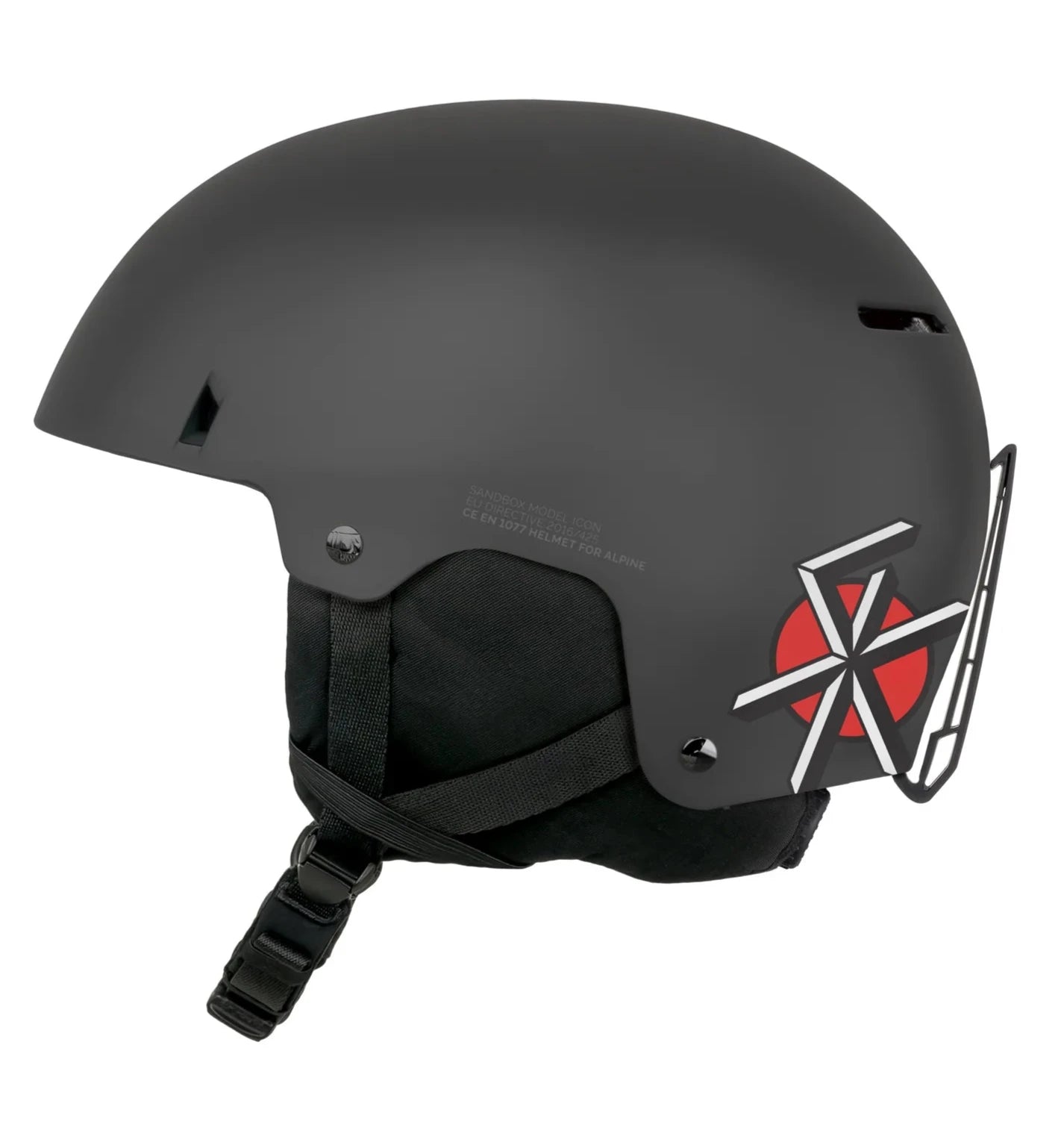 Sandbox Icon Snow MIPS Fit System Helmet 2025 - A black helmet with a red logo on the side and white lettering that reads "MIPS".