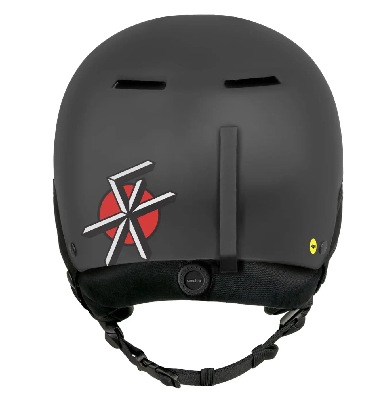 Sandbox Icon Snow MIPS Fit System Helmet 2025 - A black helmet with a red circle and white geometric design on the left side, featuring a MIPS sticker in the center of the back.