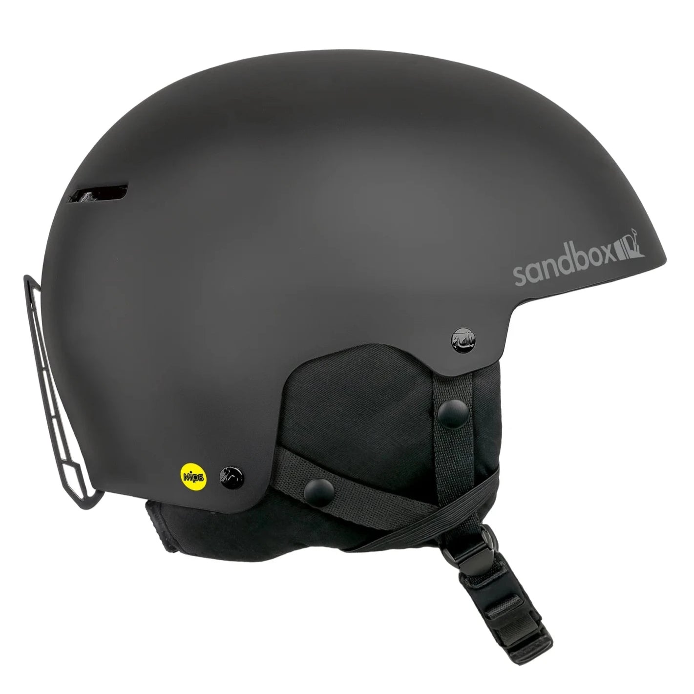 Sandbox Icon Snow MIPS Fit System Helmet 2025 - A black helmet with a white logo on the side and a yellow MIPS sticker at the back.