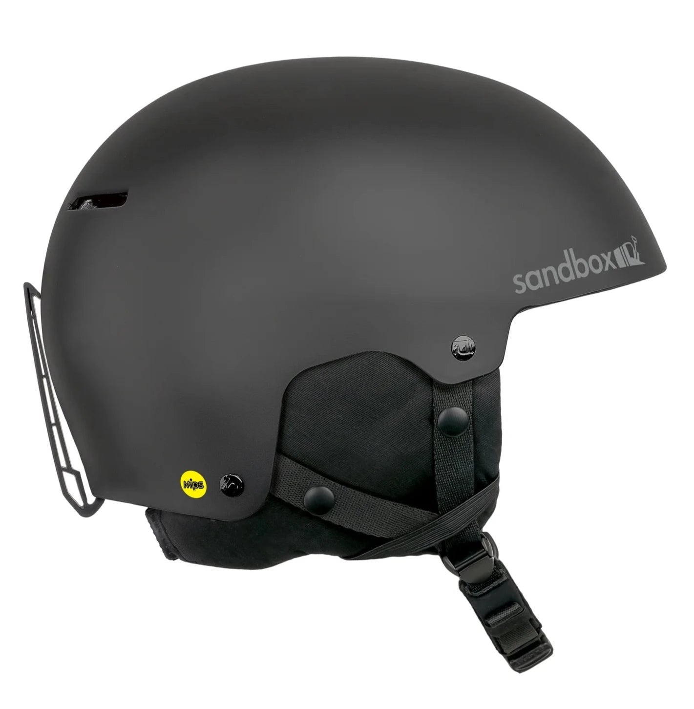 Sandbox Icon Snow MIPS Fit System Helmet 2025 - A black helmet with a white logo on the side and a yellow MIPS sticker at the back.
