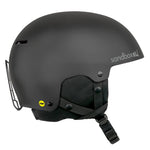 Sandbox Icon Snow MIPS Fit System Helmet 2025 - A black helmet with a white logo on the side and a yellow MIPS sticker at the back.