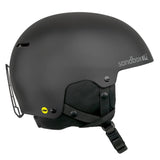 Sandbox Icon Snow MIPS Fit System Helmet 2025 - A black helmet with a white logo on the side and a yellow MIPS sticker at the back.