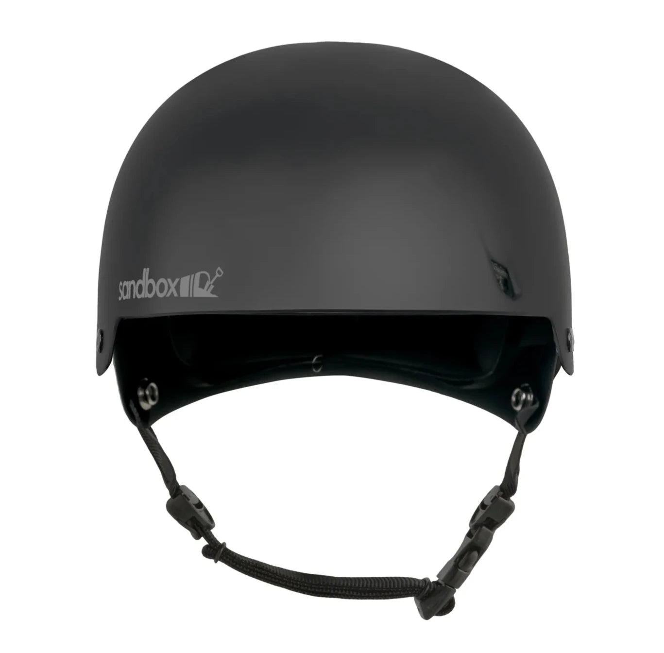 Sandbox Icon Brain Bucket Helmet 2025 - A black helmet with a white logo on the front and a chin strap.