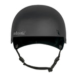 Sandbox Icon Brain Bucket Helmet 2025 - A black helmet with a white logo on the front and a chin strap.