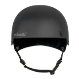 Sandbox Icon Brain Bucket Helmet 2025 - A black helmet with a white logo on the front and a chin strap.