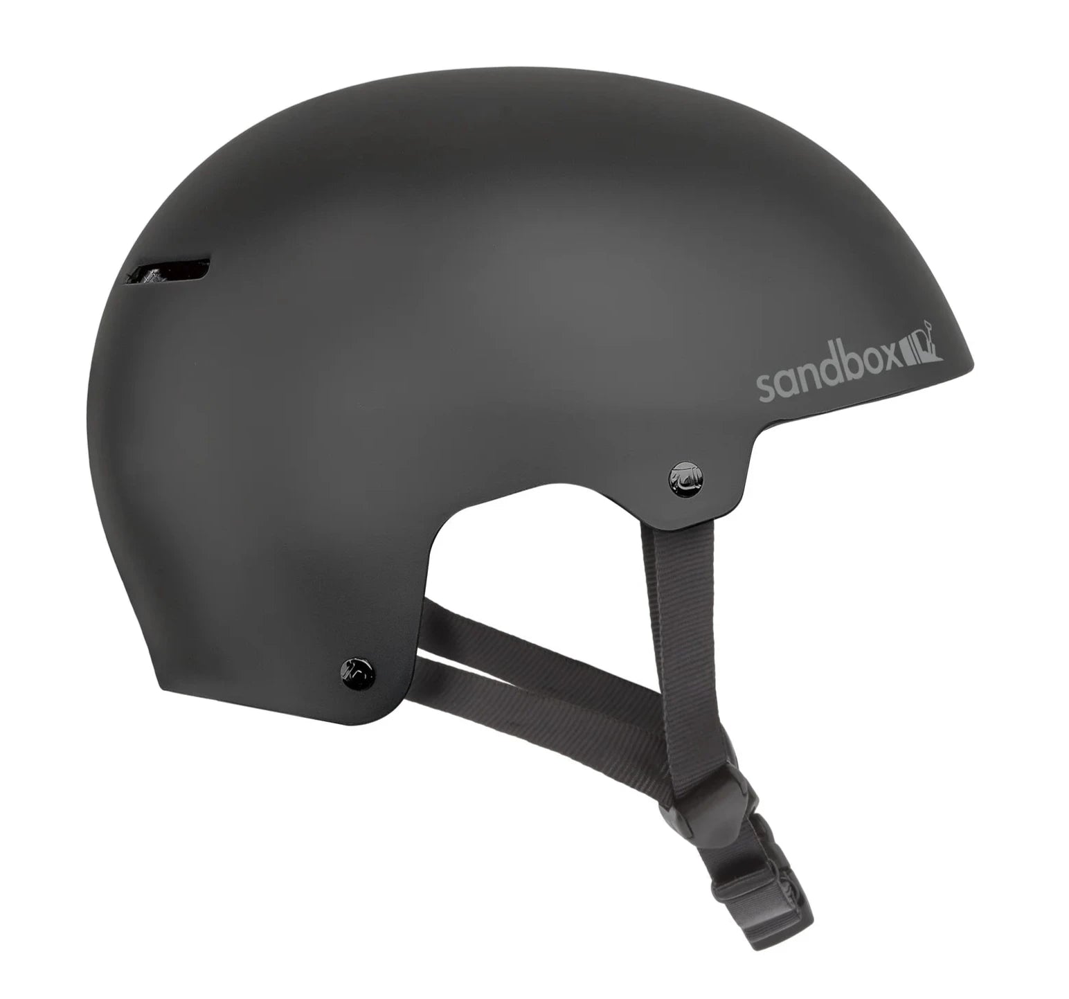 Sandbox Icon Brain Bucket Helmet 2025 - A black helmet with a white logo on the front and a chin strap.
