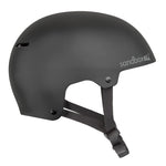 Sandbox Icon Brain Bucket Helmet 2025 - A black helmet with a white logo on the front and a chin strap.