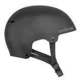 Sandbox Icon Brain Bucket Helmet 2025 - A black helmet with a white logo on the front and a chin strap.