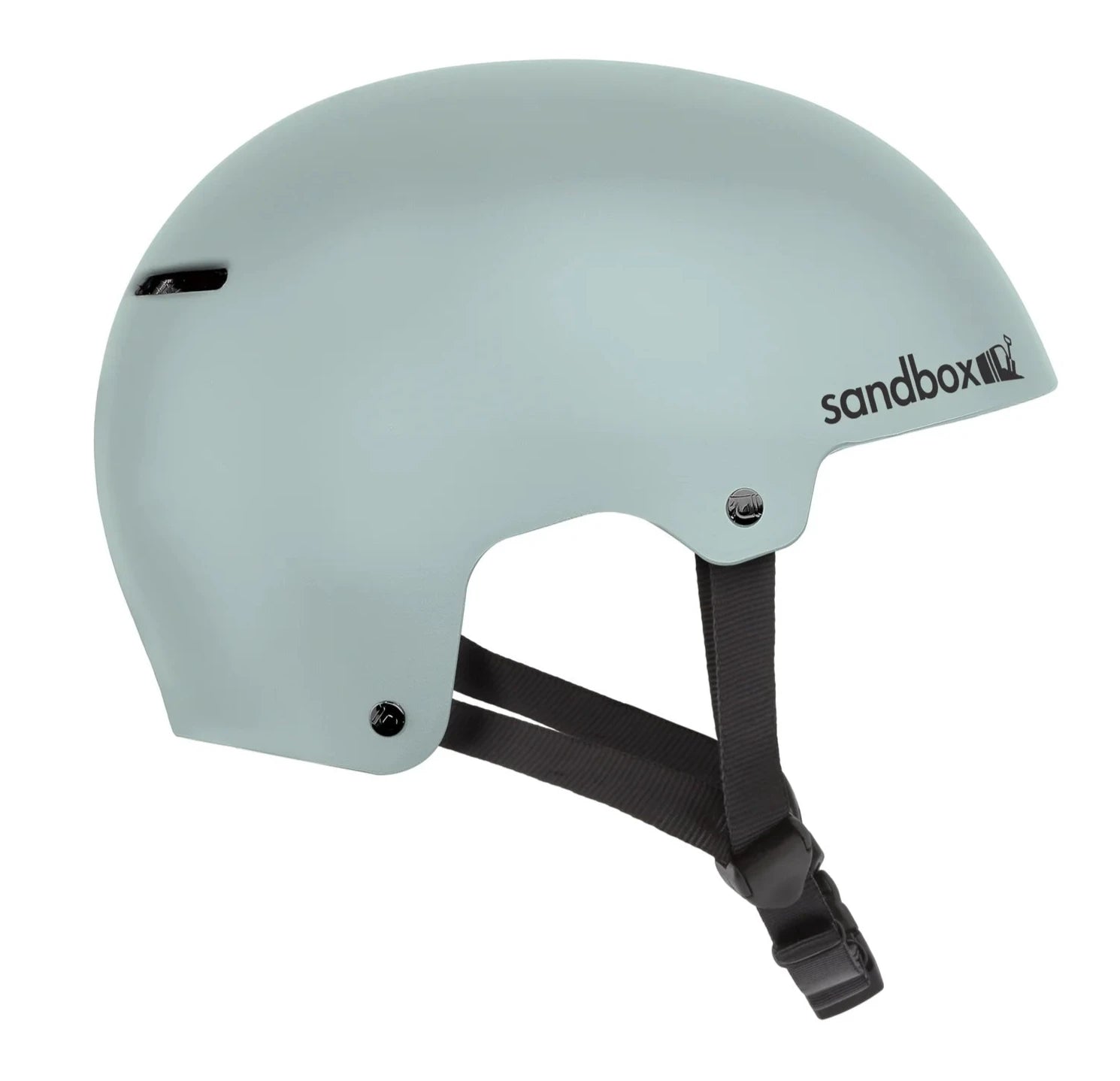 Sandbox Icon Brain Bucket Helmet 2025 - A white helmet with a black logo on the front and a chin strap.