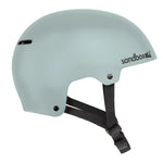 Sandbox Icon Brain Bucket Helmet 2025 - A white helmet with a black logo on the front and a chin strap.