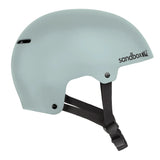 Sandbox Icon Brain Bucket Helmet 2025 - A white helmet with a black logo on the front and a chin strap.