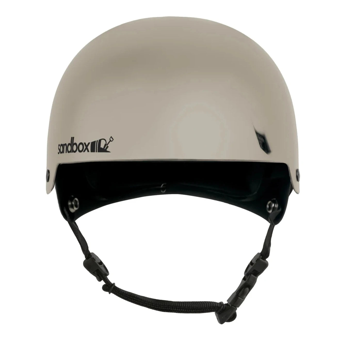 Sandbox Icon Brain Bucket Helmet 2025 - A white helmet with a black chin strap and a small logo on the front.