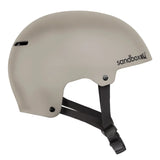 Sandbox Icon Brain Bucket Helmet 2025 - A white helmet with a black strap and buckle on the back, featuring the word "sandbox" in gray letters on the side.