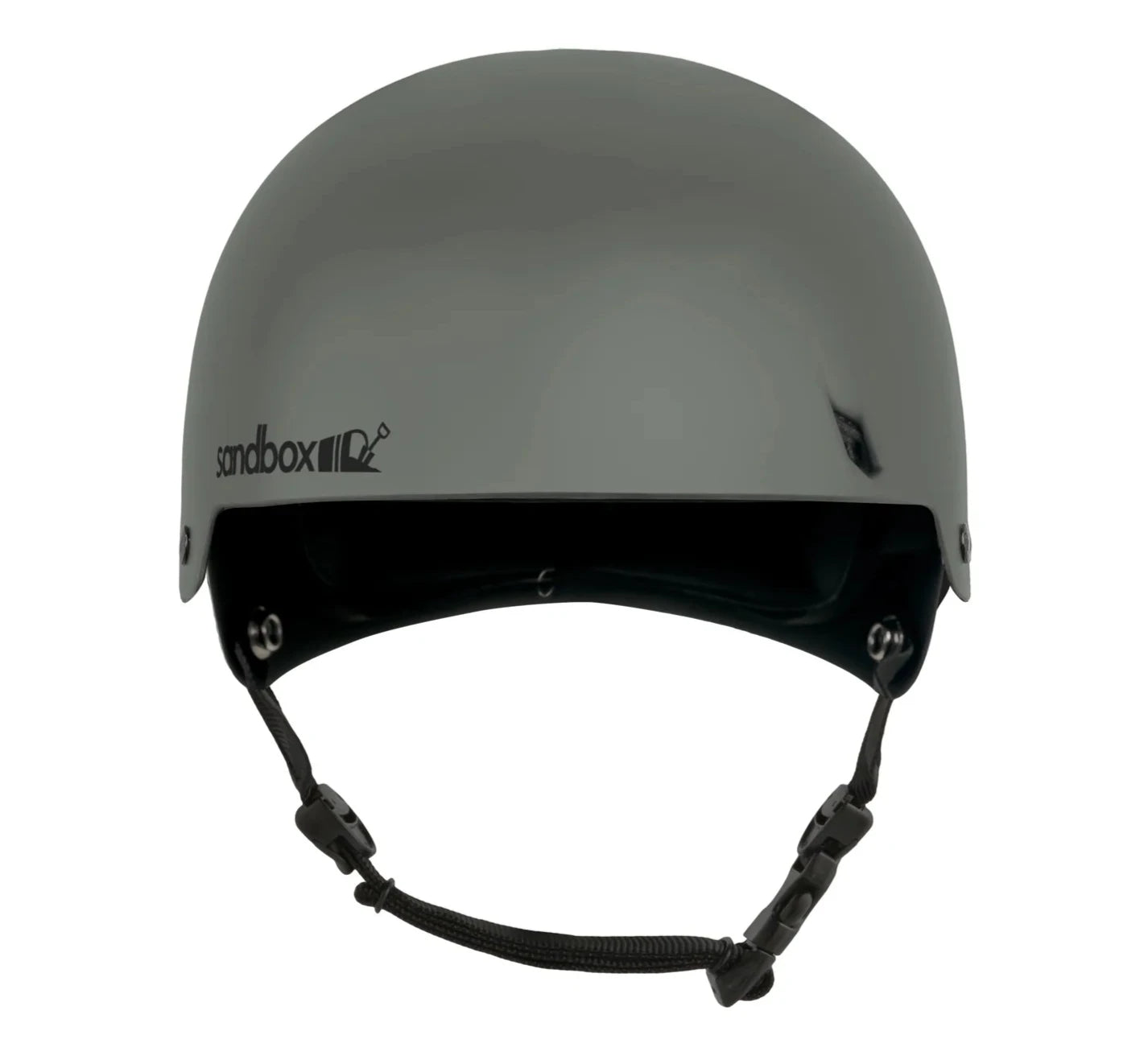 Sandbox Icon Brain Bucket Helmet 2025 - A gray helmet with a black chin strap and a white Sandbox logo on the side.