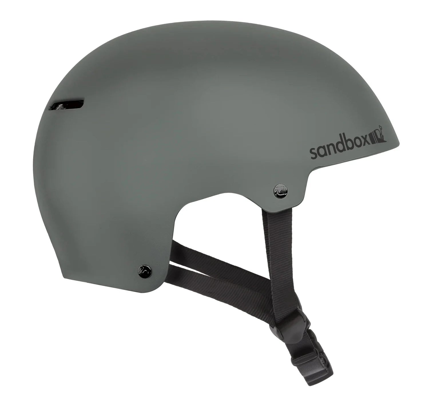 Sandbox Icon Brain Bucket Helmet 2025 - A dark gray helmet with a black chin strap and ventilation holes on top.