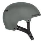 Sandbox Icon Brain Bucket Helmet 2025 - A dark gray helmet with a black chin strap and ventilation holes on top.