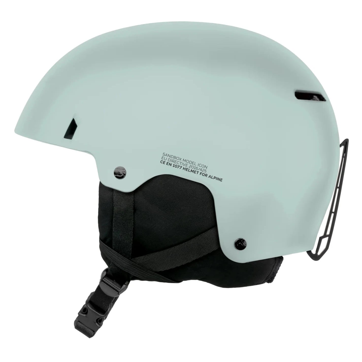 Sandbox Icon Snow Fit System Helmet 2025 - A white helmet with a black chin strap and ventilation holes on top.