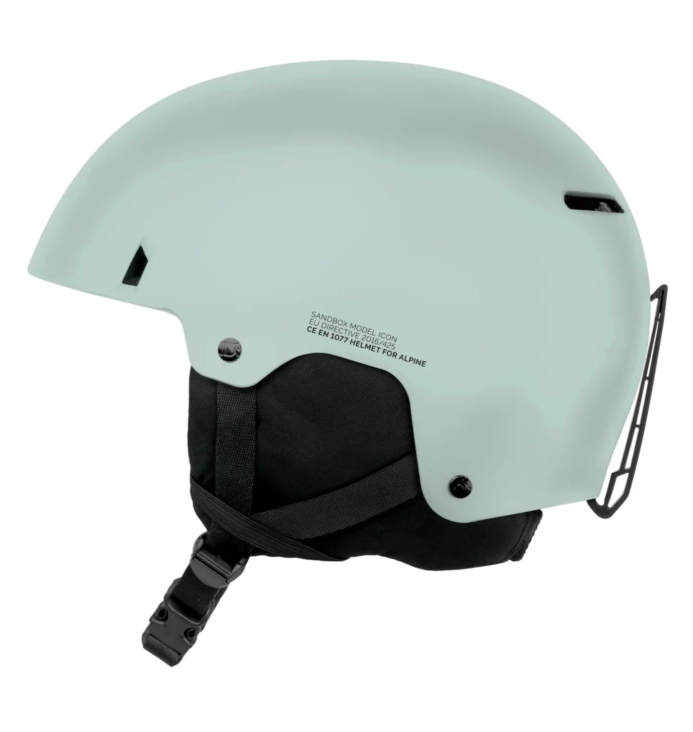 Sandbox Icon Snow Fit System Helmet 2025 - A white helmet with a black chin strap and ventilation holes on top.