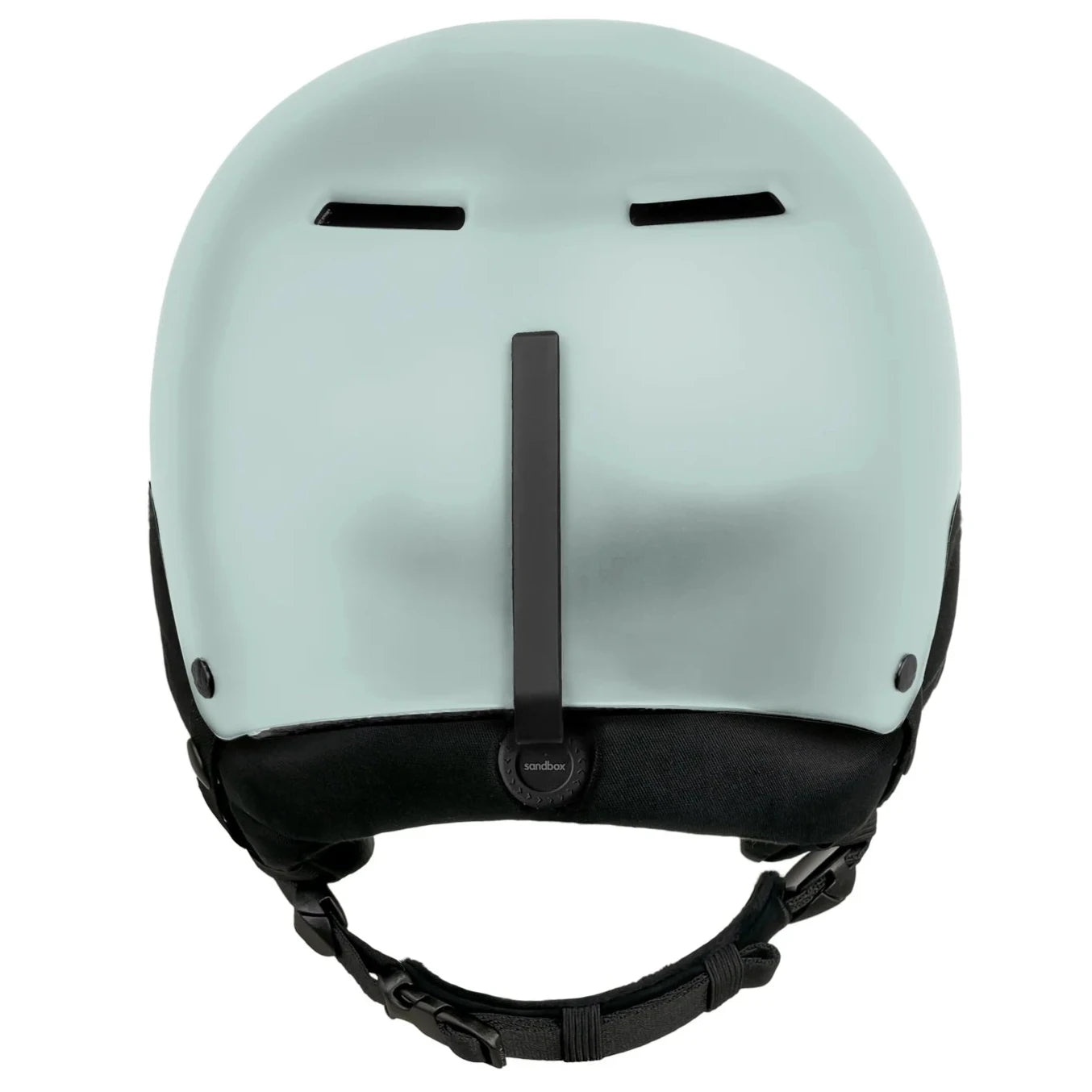 Sandbox Icon Snow Fit System Helmet 2025 - A white helmet with a black chin strap and ventilation holes on top.