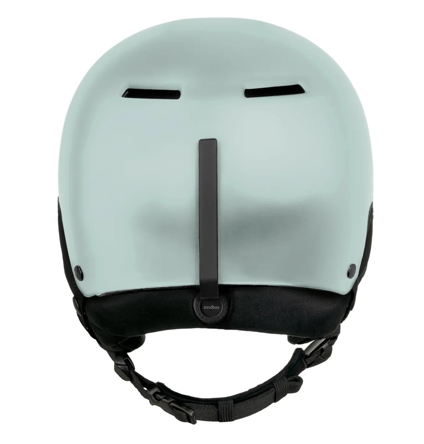 Sandbox Icon Snow Fit System Helmet 2025 - A white helmet with a black chin strap and ventilation holes on top.