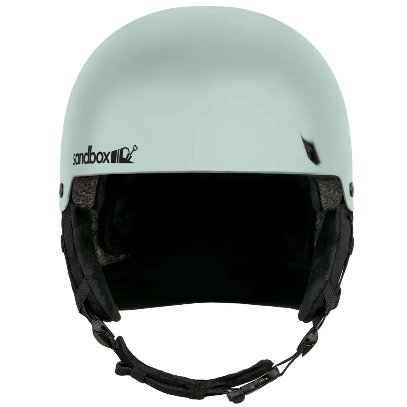 Sandbox Icon Snow Fit System Helmet 2025 - A white helmet with a black logo on the side and a chin strap.