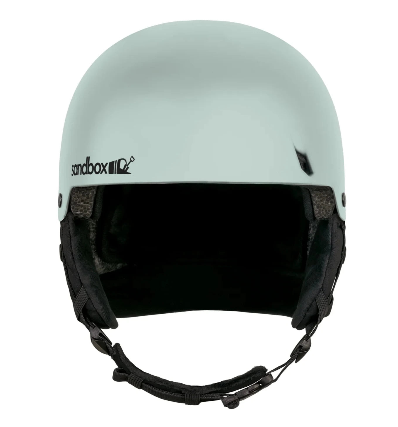 Sandbox Icon Snow Fit System Helmet 2025 - A white helmet with a black logo on the side and a chin strap.