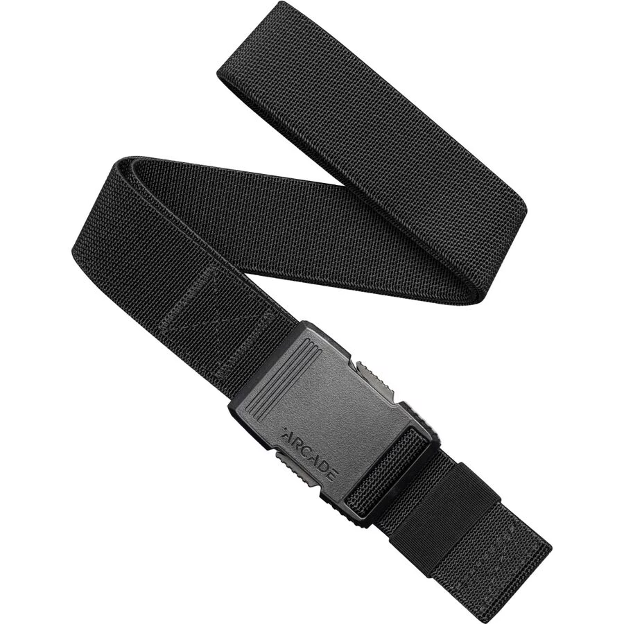 Black woven hardware belt with gray metal buckle and textured strap end