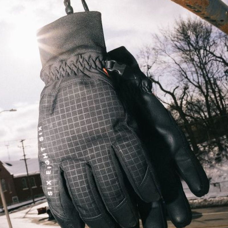 Black insulated gloves with gray grid palm and ruched wrist cuff