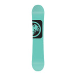 Never Summer Women's Infinity Snowboard 2025 - A light blue snowboard with a black logo featuring an eagle in a circle on its top side.