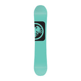 Never Summer Women's Infinity Snowboard 2025 - A light blue snowboard with a black logo featuring an eagle in a circle on its top side.