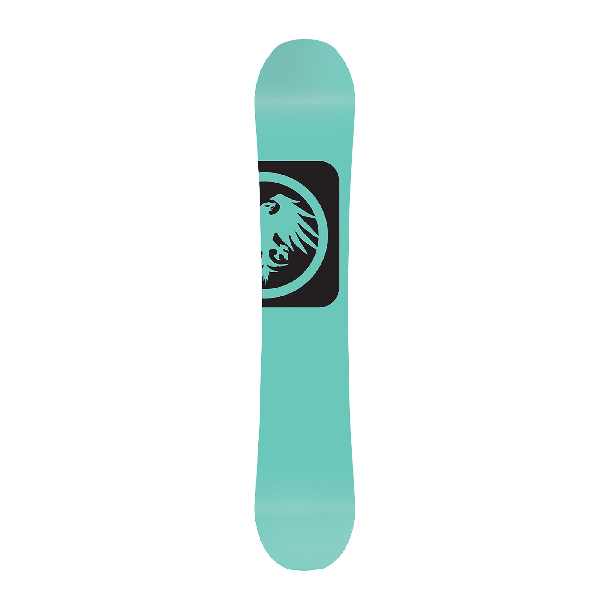 Never Summer Women's Infinity Snowboard 2025 - A light blue snowboard with a black logo featuring an eagle in a circle on its top side.
