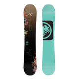Never Summer Women's Infinity Snowboard 2025 - A black snowboard with a floral design and two birds in flight on top, featuring a wood grain texture at the top of the board.