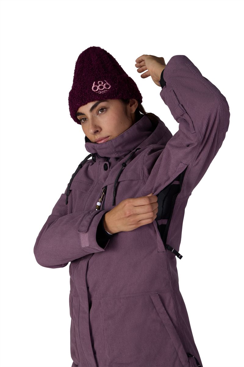 Women's plum insulated jacket with hood, adjustable cuffs, and zip front
