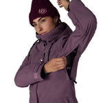 Women's plum insulated jacket with hood, adjustable cuffs, and zip front