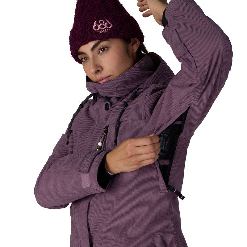Women's plum insulated jacket with hood, adjustable cuffs, and zip front