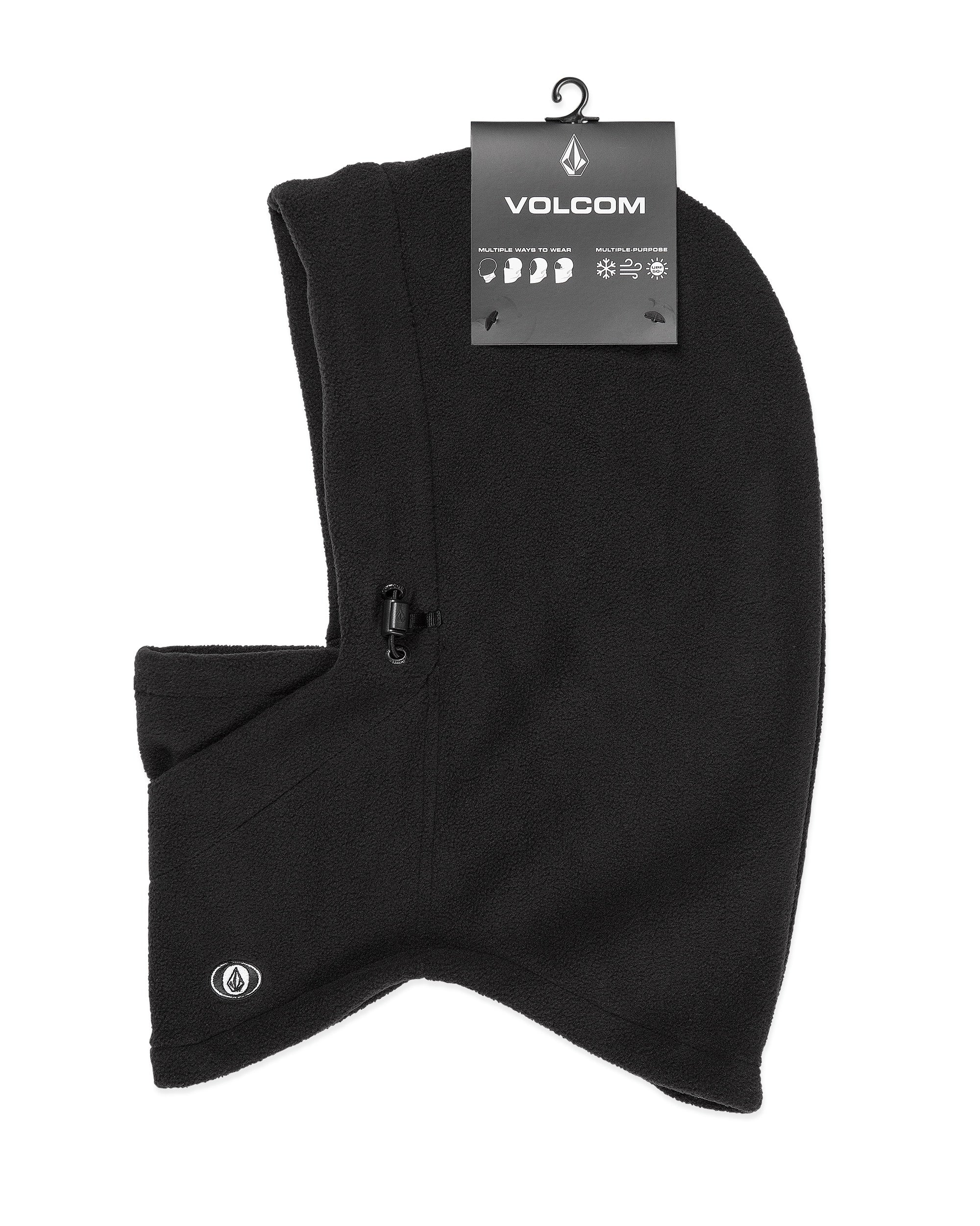 Volcom Men's Travelin Hood Thingy Neck Warmer - A black fleece neck warmer with a hood and adjustable drawstring.