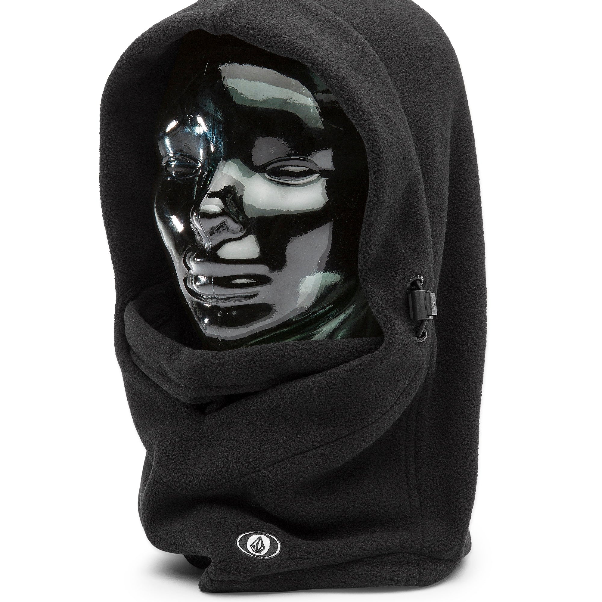 Volcom Men's Travelin Hood Thingy Neck Warmer - A black fleece neck warmer with a hood and adjustable drawstring.